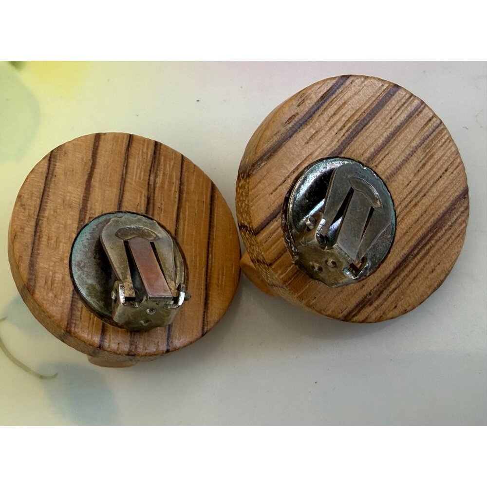 Vintage MCM Wood Wooden Earrings Bowling Pins Clip on - Picture 6 of 7